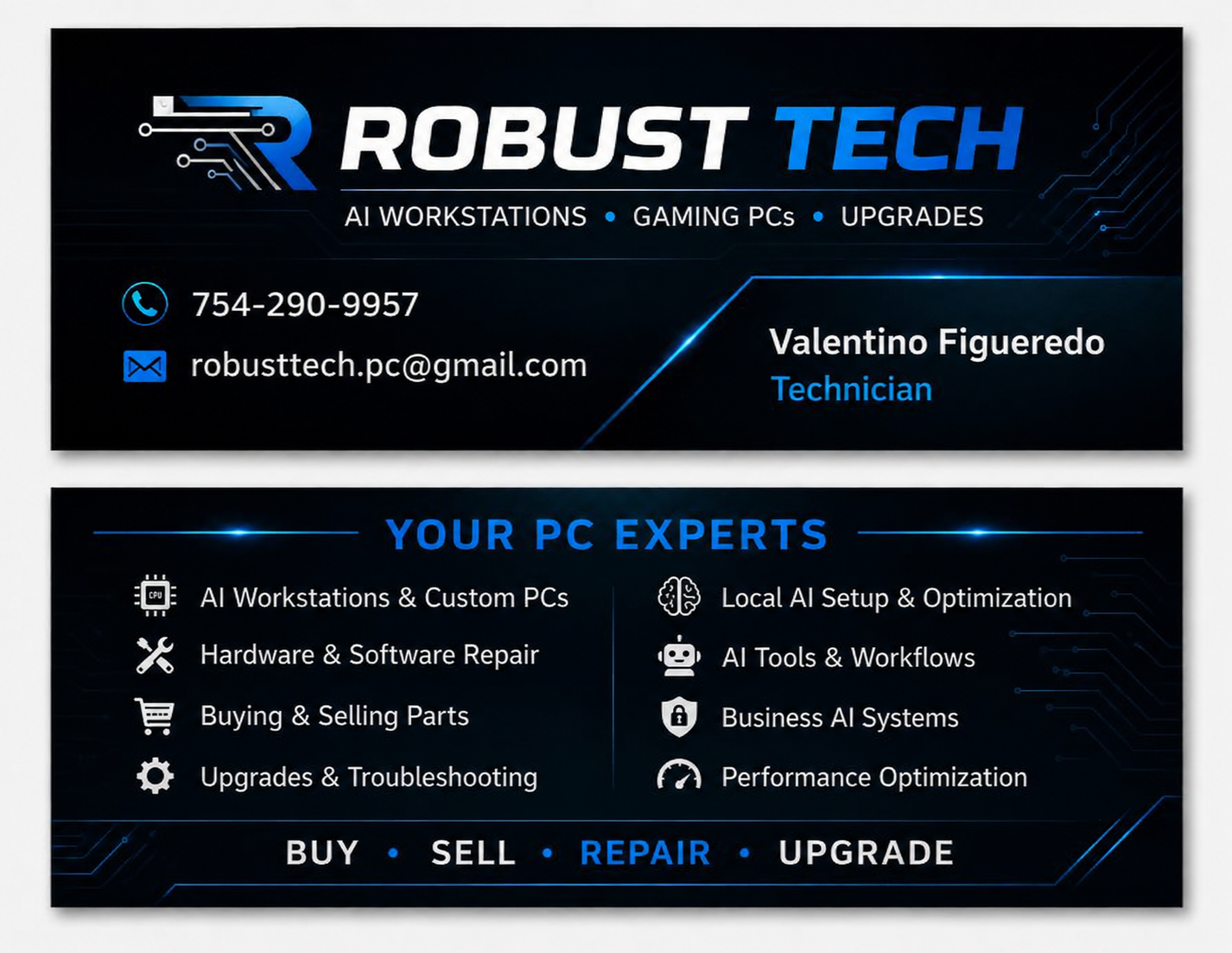 Robust Tech business card with services and contact information